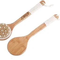 STORE77® Bathing Brush Bristle Long Handle Bath Brush Rubbing Back Curved Wooden Rod Arc Soft Bead Brush Bath Body Brush for Dry Skin Back Scrubber Boar Bristles Bath Brush with Massage Nodes-picture-42