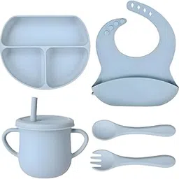 Monkhood Silicone Baby Feeding Set - 5-Piece BPA-Free Self-Feeding Essentials for Baby Led Weaning, Includes Strong Suction Divided Plate, Bib, Sippy Cup, Spoon & Fork - Light Blue-picture-12
