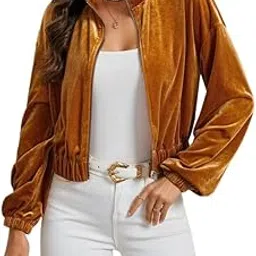 Patakadevi | Mustard Gold Velvet Crop Jacket For Women | For Casual Outings And Dinner | Full Sleeve Zip-Up Bomber Outerwear | Trendy Weekend Social Gathering Coat-picture-37