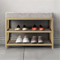 Z Impex Hallway Metal Shoe Rack with Velvet Cushion,Bedroom Bench Ottoman Accent Furniture,Modern Tufted Upholstered Entryway Shoe Bench,2 Tier Shoe Organizer-Grey 60x35x45cm(24x14x18inch)-image-39