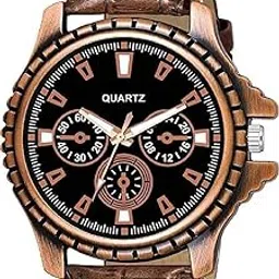 Men's Vintage Quartz Watch with Brown Leather Band, Rose Gold Chronograph Dial, Copper Finish, Analog Display-picture-32