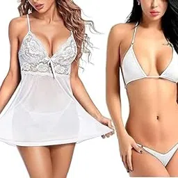 louryn koulyn Women Babydoll Lingerie Set for Honeymoon for Woman Thongs | Night Dress Above Knee Baby Doll Night Dress | Transparent Hot-picture-33