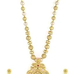 rubans Women's & Girl's 24K Gold-Plated Handcrafted Artificial Filigree Temple Jewelry Set-Ruby, Emerald Studs & Pearl-Golden Balls Bead- Matching Earrings Perfect For Weddings And Special Occasions-picture-23