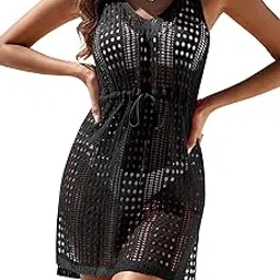 ai'mage Womens Crochet Cover Up Sleeveless Swimsuit Coverup Hollow Out Beach Dress with Drawstring-picture-45