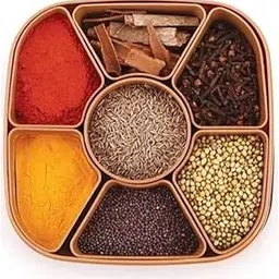 7-in-1 Premium Masala Box with Secure Compartments — Multipurpose Kitchen Spice Organizer, Rangoli Design (Brown Finish)-image-80