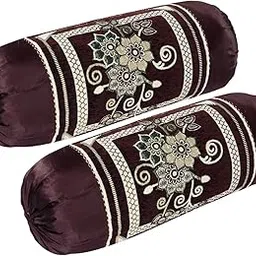 Mahaluxmi Creations Velvet Bolster Cover Set of 2 for Living Room Sofa, Embroidered Round Booster Set for Deewan, Decorative Bedside Long Pillow Bolster Masand for Home (16x32 Inches, Coffee)-image-9