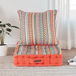 The Furnishers Weaved Quilted Floor Cushion Set 40x40x8 cm with Cotton Filler & Back Cushion, Small Size for Seating, Patio Seat, Meditation, Yoga, Pooja, Guests, Living - Orange Boho-picture-36