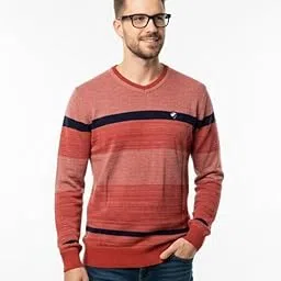 V-Neck Striped Full-Sleeve Knitted Sweater for Men [Neon Series]-image-16