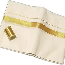 kerala bygone fashion Men's Kuthampully Handloom Quality Light Golden Kara Thread Design Cotton Double Dhoti (Off White, Free Size)-picture-51