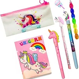 KOBBET Plastic 7Pcs Unicorn Stationery Set for Girls - Pencil Pouch, Diary, Pen, Pencil, Eraser - Party Favor, Birthday, Navratari Gift (Multicolor)-picture-10