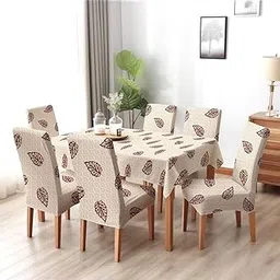 OnlyOne1 Geometric Pattern Dining Chair Covers Stretchable Spandex with Elastic and Table Cloth of Holland Fabric, Modern Abstract Design in Beige and Brown (6 Seater Table Cover + 6 Chair Cover)-picture-14