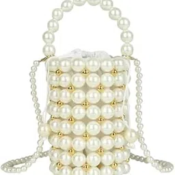 Pearl Beaded Evening Bag, Mini Bucket Handbag with Handle and Strap, White and Gold-picture-43