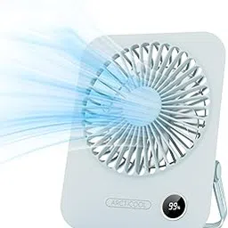 Small Table Fan with LED Display, 2000mAh Battery Rechargeable Fan with 5 Speeds, Mini Desktop Fan with 180° Tilt Folding and Phone Stand for Home and Office (Blue)-image-9