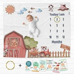 Milestone Cotton Baby Blanket & Props for Monthly Photoshoot, New Born Babies Soft Swaddle with 1-12 Month Cards, Ac Room Blanket for Summer/Winter/Multiuse (Farm Brown)-image-81