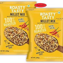 Roasty Tasty Millet Mix Peri Peri 400g (200g Pack of 2) | Healthy Snack of Roasted Bajra, Wheat Flakes, Moong, Masoor, Peanuts | Ideal Millet Snack for Kids & Adults | Low Calorie Snacks - Roasted Namkeen - No Cholesterol, No Transfat Diet Mixture in Peri Peri Masala | Chatpata Namkeen Combo Pack of 2 (200g Each)-picture-38