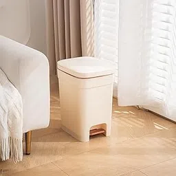 HOKIPO Press-Top & Pedal Dustbin with Lid | Plastic Lightweight Step-On Trash Bin with Silent Soft-Close Lid & Bag Holder Ring | 15 Litres, Cream (AR-6195)-picture-17