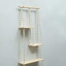 3-Tier Macrame Hanging Wall Shelf, Wooden Shelves with Cotton Rope, Boho Home Decor-picture-15