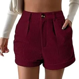 leriya fashion Women's High Waist Tailored Shorts, Ribbed Poly Lycra Blend Summer Shorts with Pockets & Button Closure, Elegant Folded Hem Casual Wear for College, Brunch & Daily Outings-picture-11