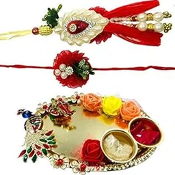 Beautiful Pearl And Stone traditional Bhai/Brother Bhabhi Rakhi Set and Roli Chawal Puja Plate | | rakhi || rakhi set || rakhi for brother-image-36