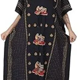 GHUMII Fashion Forever Women's Cotton Kaftan Printed Maxi | Nighty for Women | Ladies Maxi | Women Night Gown | Nighty Maxi | Nightdress | Night Gown for Winter & Summer (Black) (Free Size) image 1