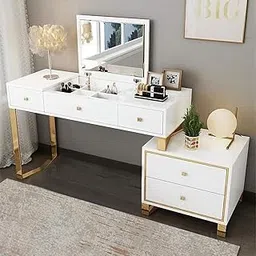 KOHINOOR DECOR Modern and Expandable Corner Makeup Vanity with Cabinet | Merino Laminate Metal Steel with Hettich/Ozone Hardware Dressing Table (White)-image-12