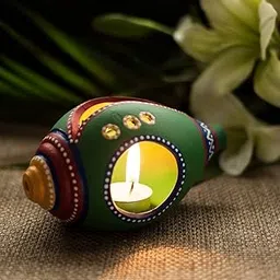 ExclusiveLane Shankh Shaped Terracotta Table Tea Light Holder Handpainted Decorative Tea Light Stand for Home Décor (Green, 1 Piece, 6.6 x 3.7 x 6.4 Inch)-image-51
