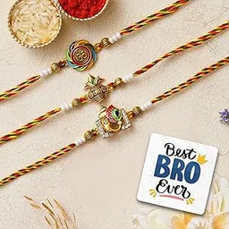 eCraftIndia Set of 3 Om, Lord Ganesha, Kalash Designer Rakhis, Best Bro Ever Fridge Magnet with Roli Chawal Pack - Rakhis for Brother, Bhabhi, Kids-picture-15