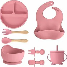 Kids Station 8-Piece Silicone Baby Feeding Set | Suction Bowl, Plate, Bib, Cup, Spoon & Fork | 100% Food Grade BPA-Free Silicone | Non-Slip, Easy to Clean (Pack of 8, Dark Pink)-image-45