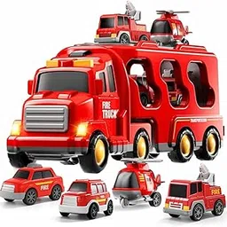 KIDS FIRST STEP 5-in-1 Friction Powered Fire Rescue Truck Toy Set with Music & Lights | Educational Transport Vehicle Toy for Boys & Girls, Fun Birthday Gift for Kids Ages 3+ (Red)-image-66