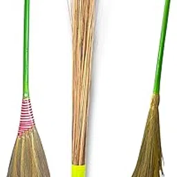 Natural Grass Broom with Bamboo-Style Handle, Traditional Coconut Bristles, Green, 3-Pack-picture-46