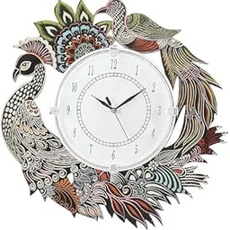 Wooden Handicraft Peacock Theme Wall Clock | Round Quartz Analog Decorative Mounted Clock for Home & Office | Stylish Antique Design Wall Art for Gifting | 13 Inch (Multicolor)-picture-38