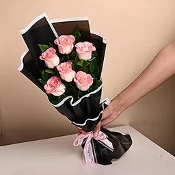 FlowerAura Fresh Live Flower Bouquet of 6 Pink Roses In Premium Paper For Birthday & Anniversary Gift, Wedding Gift, Mother's Day Gift, Love & Romance Gift, Father's Day Gift (Same Day Delivery)-image-30