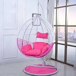 Luxury Jhula King Hammock Swing Chair with Cushion & Spring for Outdoor Indoor Living Room Balcony Garden Patio Hanging Swing for Adults Swing with Stand (White Pink)-image-98