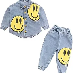 bold n elegant Baby Boys Denim Solid Happy Face Smile Print Full Sleeve Collar T-Shirt and Pant Party Clothing Set-picture-51