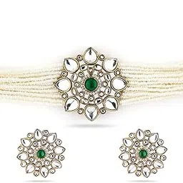 rubans 22K Gold-Plated Kundan & Emerald Studded White Pearl Beaded Floral Choker Necklace Set for Women & Girls – for Bridal & Festive Looks-picture-52