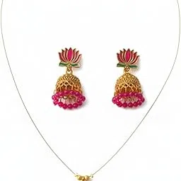 yellr lotus invisible chain with jhumka pink |kamal| tamara design | elegant| pink/red lotus chain| lotus pendant necklace for women and girl-picture-24