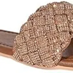 eske Trudy Embellished Woven Strap Slip-On Sandals | Flat Glitter Slides with Comfortable Leather Insole | Textured TPR Sole | Everyday Ethnic & Casual Footwear for Women & Girls-picture-56