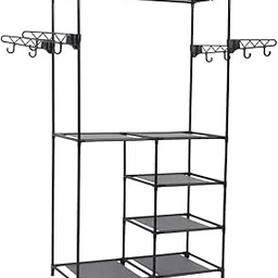 vidaXL Durable Clothes Rack with Shelves and Side Hangers - Powder-Coated Steel Pipe and Non-Woven Fabric - Black - Compact Size-image-69