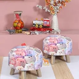 Ottoman Kids pouffe Small Stool for Baby Chair Study Table Stool for Kids Room Baby Sofa Stepstool Children Cartoon Wooden Pack of 2, 14x11 Inch, Cat-image-75