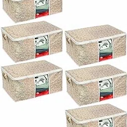 Pretty Krafts Set of 6 Non Woven Underbed Storage Bag with Handles, Clear Window & Zipper Lock | Quilt, Comforter & Blanket Cover Organiser | Foldable Cloth Storage Closet Bag (62x45x30cm, Golden)-image-63