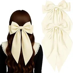 ANNA CREATIONS 2-Pack Large Satin Bow Hair Barrette Clips for Women & Girls – Strong Hold, Long Tail Hair Accessories for Parties, Weddings Wear & Gifting (Off White)-picture-36