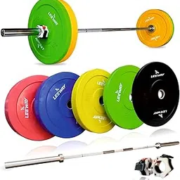 Leeway Olympic Weight Combo 70kg Set | Color Bumper Plates + Otis 7.2ft Olympic Barbell | Rubber Coated Plates with 50mm Hole for Strength Training, Weightlifting & Home Gym (70kg Set (5X2+10X2+20X2))-image-31