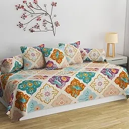 STEDO Homes Pure Cotton Designer Printed Standard 6 Pieces Diwan Set Bedsheet Covers (1 Single Bedsheet, 2 Bolster Covers, 3 Cushion Covers, Multicolor, Floral)-picture-23
