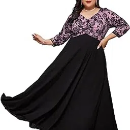 Women's Sweetheart Neck 3/4 Sleeve Self Design Fit & Flare Maxi Dress with Pockets (APSS22D13-62-245-07, Black and Lavender, 2XL)-image-76
