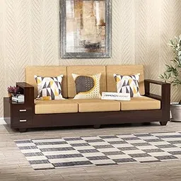 DREAM LOOK FURNITURE 3 Seater Sheesham Wood Sofa Set| Three Seater Sofa Set with 2 Drawer Storage| Wooden Sofa Set for Living Room and Office (Walnut Finish Beige Cushion) 3-Person Sofa-picture-29