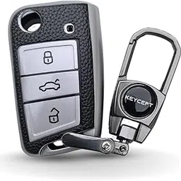 Keycept™ TPU Leather key cover for Skoda and Volkswagen - Kushaq | Octavia | Kodiaq | Superb | Slavia | Passat | Taigun | Tiguan | Virtus | T Roc 3 button flip key.(Type 2, Silver)-picture-10