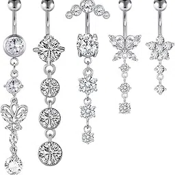 lauritami 14G Surgical Steel Dangle Belly Button Rings Dangle CZ Belly Button Rings for Women Silver Rose Gold Navel Piercing Jewelry Silver-picture-22