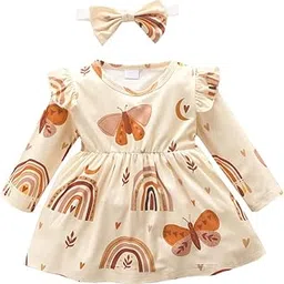 hopscotch Girl's All-Over Print Full-Sleeve Knee-Length Casual Dress With Headband Polyester In Beige Color image 1