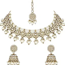 i jewels Gold Plated Traditional Handcrafted Kundan Pearl Choker Necklace with Jhumki Earrings & Maang Tikka Set For Women/Girls-picture-28