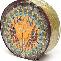 SRAJANAA Lord Krishna Ladoo Gopal PVC Dress Round Storage Organizer Box | Golden Plastic Storage Box for Clothes, Garments, and Traditional Dress | 13.5 Inch (Durable, Round Design)-image-37